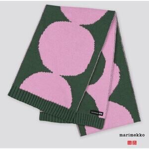 Uniqlo x Marimekko HeatTech Knitted Scarf Pink Green Large Dots Whimsical Cozy